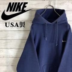 希少 古着 90s ナイキ NIKE パーカー 刺繍 アメリカ製 銀タグ 紺のサムネイル