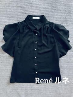 Rene ルネ 半袖 フレア袖ブラウス ブラック パールボタン リボン 34 Rene ルネ 半袖 フレア袖ブラウス ブラック パールボタン リボン 34