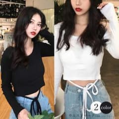 Tシャツ レディース ショート丈 長袖 カットソー Uネック トップス おしゃれのサムネイル