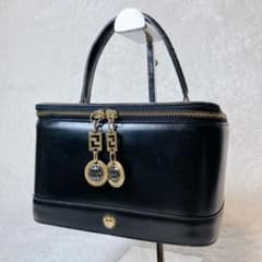 【希少】 VERSACE バニティバッグ サンバースト レザー 鏡付き ブラック 希少】 VERSACE バニティバッグ サンバースト レザー 鏡付き ブラック