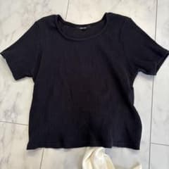 one way 黒 リブ編み 半袖Tシャツ バックリボンのサムネイル
