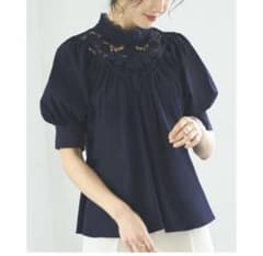 ※値下げ※【美品】トライアングルレースブラウス/ネイビー/半袖/9号/Mのサムネイル