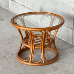 オールドラタン꧂ テーブル 丸型 ガラス天板 カフェテーブル 籐家具
