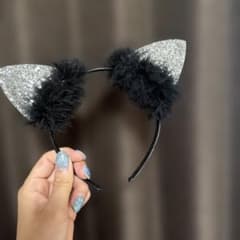 猫耳 カチューシャ ファー ラメ シルバー ブラックのサムネイル