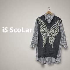 希少】iS ScoLar イズスカラー 蝶柄 ニット 切替 シャツ チュニック