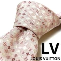 LOUIS VUITTON モノグラム　ダミエ　LVロゴ入　ピンクシルクネクタイ LOUIS VUITTON モノグラム ダミエ LVロゴ入 ピンクシルクネクタイ