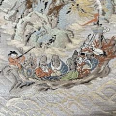アンティーク丸帯 正絹 七福神 宝船 珊瑚 ベージュ系 控えめ金 優しい 