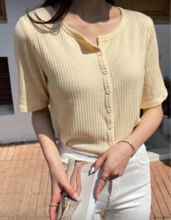 リブ編みクリーム色半袖Tシャツのサムネイル