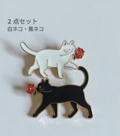2 点セット | ブローチ 白ネコ・黒ネコ ネコとバラのエナメルピンのサムネイル
