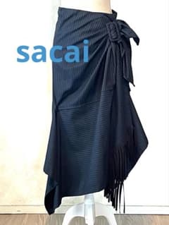 sacai アシンメトリーフリンジ ラップスカート ストライプ ネイビー 2 