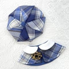 即日発送】10cmぬい服 チェック ベレー帽 ケープ チャーム付き ブルー