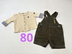 DOUBLEB80ベージュ長袖カーディガン・オリーブオーバーオール　ミキハウスのサムネイル