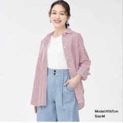 GU ストライプオーバーサイズシャツ(長袖) レッド Mのサムネイル