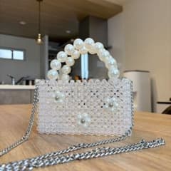 ハンドメイド ビーズバッグ フラワーモチーフ パールハンドルのサムネイル