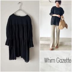 Whim Gazette＊ コットンシフォンギャザーブラウス ブラック 5分袖 