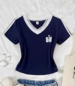 SHEIN ナンバーロゴ レースネック Tシャツ ネイビー