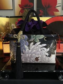 一閑張り 一閑張りバッグ 古文書 花絵柄 大正着物 正絹絵振袖 乱菊 桜