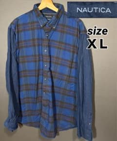 NAUTICA 切り替え長袖シャツ XL ブルー チェック柄 ボタンダウンのサムネイル