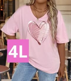 試着のみ！大きいサイズ 4Lハートの可愛い半袖Tシャツ(ピンク)ロング丈のサムネイル
