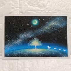 カルガモ親子と天の川 オイルパステル画 原画 ハガキサイズ 絵画 #151
