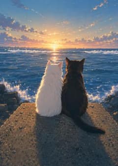 水彩画風】 夕凪の向こうへ ― 白猫と黒猫が見つめる海 ― - メルカリ