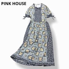 ピンクハウス タック ひな菊パッチワークプリントワンピース リボン ロング丈 ピンクハウス タック ひな菊パッチワークプリントワンピース リボン