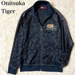 【極美品】オニツカタイガー トラックジャケット 総柄 ロゴプリント ネイビー L 極美品】オニツカタイガー トラックジャケット 総柄 ロゴ