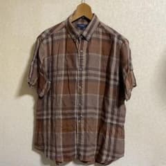 希少バーバリーの高級麻ノバチェック半袖シャツ 茶 L BURBERRY lc35