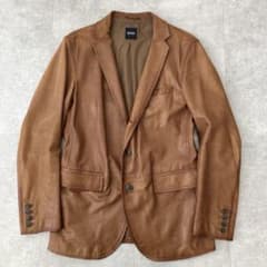 黒タグ BOSS ヒューゴボス ラムレザージャケット/52(LL)/USED加工