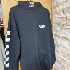 VANS チェッカーフラッグ柄 袖プリント パーカー 黒 Mのサムネイル