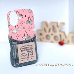 【オーダー】iPhoneケース ピンク地にさくらんぼ柄×デニム スマホケースのサムネイル
