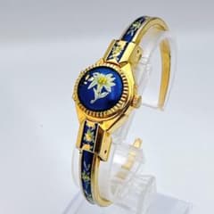 アンドレムッシュ バングルウォッチ 花柄 ブルー ゴールド クォーツ