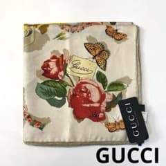 タグあり　GUCCI グッチ　スカーフ　フローラル柄　花柄　蝶　蜂　ベージュ タグあり GUCCI グッチ スカーフ フローラル柄 花柄 蝶 蜂 ベージュ