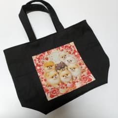 ハンドメイド ポメラニアン柄 パネル生地 帆布 トートバッグ 黒 - メルカリ