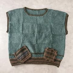 パッチワーク ニットベスト ブルーグリーン 配色 レトロ 古着 古着ミックスのサムネイル