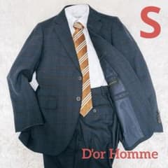 D'or Homme ネイビー チェック ビジネススーツ セットアップ ウール混
