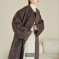 hinari ノーカラーシャギーロングコート　ブラウンのサムネイル