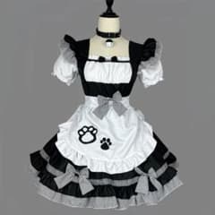 黒白メイド服 猫爪プリントエプロン 鈴付きチョーカー コス衣装のサムネイル