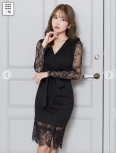 DAZZY Vカット×レース長袖 リボンベルト付き膝丈ワンピース キャバドレスのサムネイル