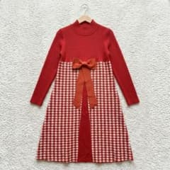 ☆近年・掲載品☆ エムズグレイシー 千鳥格子柄 ニットワンピース 赤
