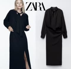 ZARA ボウタイ クレープ ミディワンピースのサムネイル