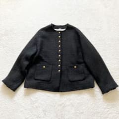 ピュアルセシン スラブツイードノーカラージャケット フリンジ 黒