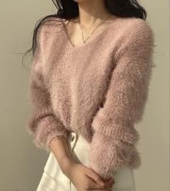 シャギーニット Vネック 長袖 ピンクのサムネイル