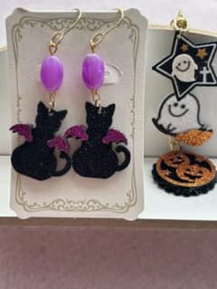 ハロウィン ハンドメイド 猫ピアス＆ゴーストストラップのサムネイル