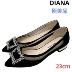 1119【極美品】DIANA ダイアナ グリッター フラット パンプス 23 極美品〉DIANA ダイアナ【23cm】ビジューつきフラット パンプス 黒
