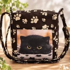 肉球　黒猫柄×肉球柄 ショルダーバッグ　底板付き　肉球チャーム付きのサムネイル