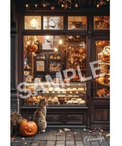 お洒落！ハロウィン 猫 アートプリント A4 オリジナル かぼちゃ ポスター 秋のサムネイル