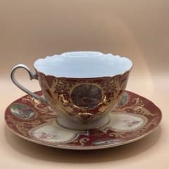 あ*ん様 金彩 カップ＆ソーサー 元箱付 ボルドー 花柄 人物画 クラシカル 洋のサムネイル