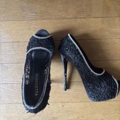 BENEDETTA ブラック 厚底 ハイヒール オープントゥ ラインストーンのサムネイル