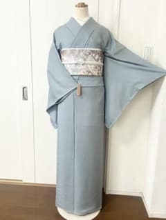 単衣 美品 未使用 しつけ糸付き 湊鼠色 正絹色無地 フルセット4点 裄丈